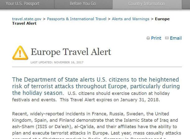 Yhdysvaltojen ulkominiseriö mainitsee Euroopan matkustusvaroituksessa myös Suomen.
