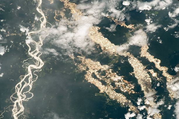 Kuvassa oikealla näkyvät muodostelmat ovat luvattomien kullanetsintäkuoppien rykelmiä. Vasemmalla Inambari-joki.