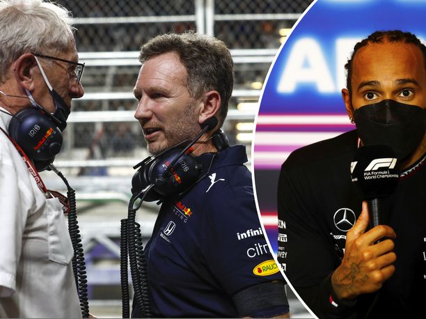 Helmut Marko (vas.) ja Christian Horner yrittävät saada Lewis Hamiltonille rangaistuksen Saudi-Arabian GP:ssä sattuneesta kolarista.