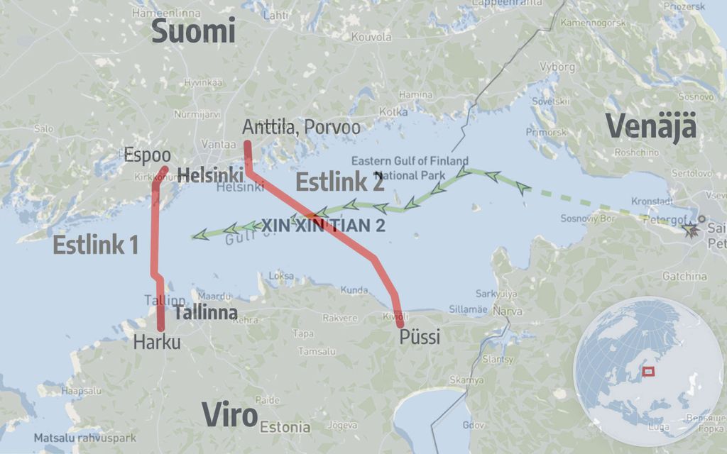 Tämä rahtialus oli Suomen ja Viron välisen sähkökaapelin kohdalla kello 12.26