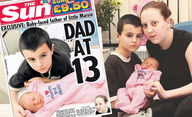 Muun muassa The Sun uutisoi Britannian nuorimmasta isästä vuonna 2009. Äiti (oik.) oli lapsen syntyessä 15.
