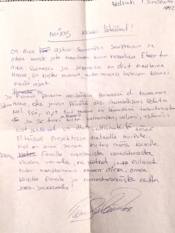 NHL:ään suunnannut Teemu Selänne kirjoitti syksyllä 1992 faneille tunteikkaan kirjeen.