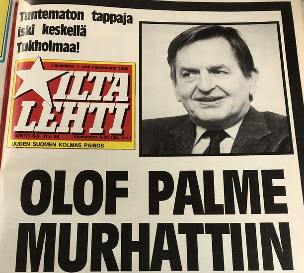 Tältä näytti Iltalehden ensikansi Olof Palmen murhasta lauantaina 1. maaliskuuta 1986.