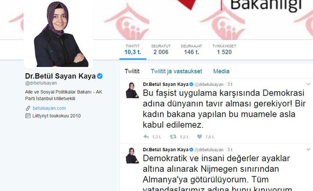 Turkkilaisministeri on arvostellut kovasanaisesti saamaansa kohtelua Twitterissä.