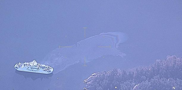 Merivartiosto kuvasi onnettomuusaluksen ilmasta käsin. Alus on lähellä rantaa.