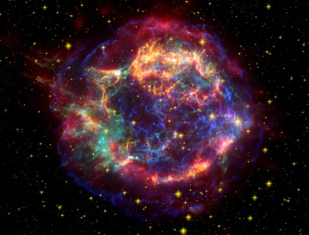 Supernovan jäänne. Tämä väärävärinen kuva Cassiopeia A:n supernovan jäänteestä on otettu laajalla aallonpituusalueella infrapunasta röntgeniin. Cassiopeia A:n tarkka räjähdyshetki ei ole tiedossa, mutta se sijoittuu välille 1680–1700.