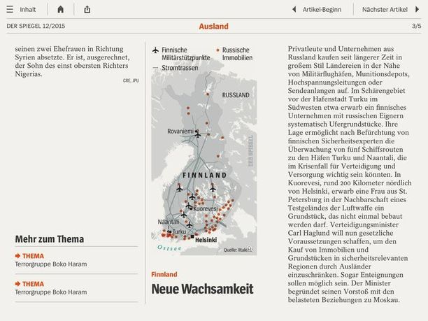 Spiegel käytti lähteenään Iltalehden karttaa, jossa on merkittynä suomalaiset sotilastukikohdat sekä venäläiset maaomistukset.