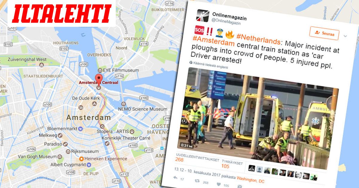 Auto törmäsi ihmisiin Amsterdamin päärautatieasemalla - viisi loukkaantunut