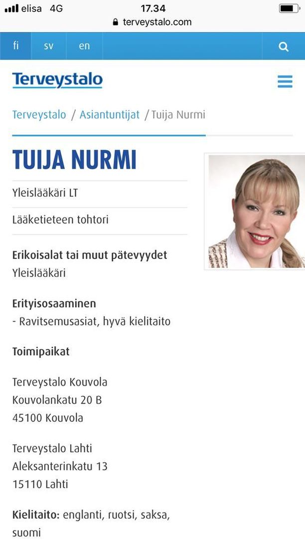 Terveystalo reagoi Iltalehden uutiseen Tuija Nurmen tutkinnosta - maininta  lääketieteen tohtorin tutkinnosta poistettiin verkosta