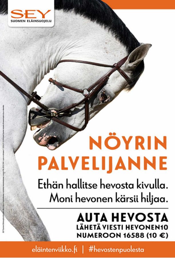 Eläinten viikon kampanjakuvassa on hevonen, johon on käytetty rollkur-menetelmää. Tämä menetelmä on Suomessa äärimmäisen harvinainen.