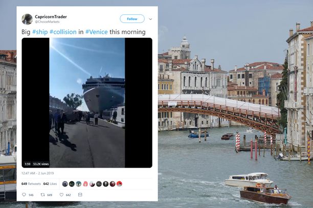 Risteilyalus rysäytti vauhdilla laituriin Venetsiassa.
