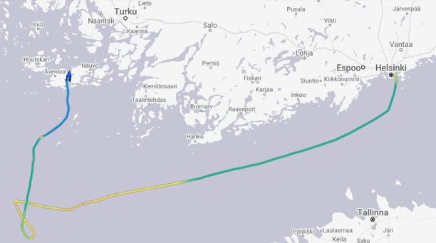 Tältä Silja Symphonyn viimeisin reitti näyttää MarineTrafficissa, joka on meriliikennettä reaaliaikaisesti seuraava palvelu. Kuvakaappaus.