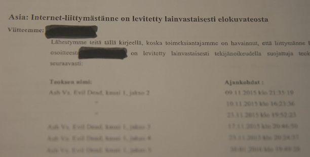 MA-AAMUSSA TV JA LEFFAT///MOT: Tv-sarjoja laittomasti jakaneille  tiukkasävyisiä kirjeitä lakitoimistolta - hyvitysvaatimukset jopa tuhansia  euroja