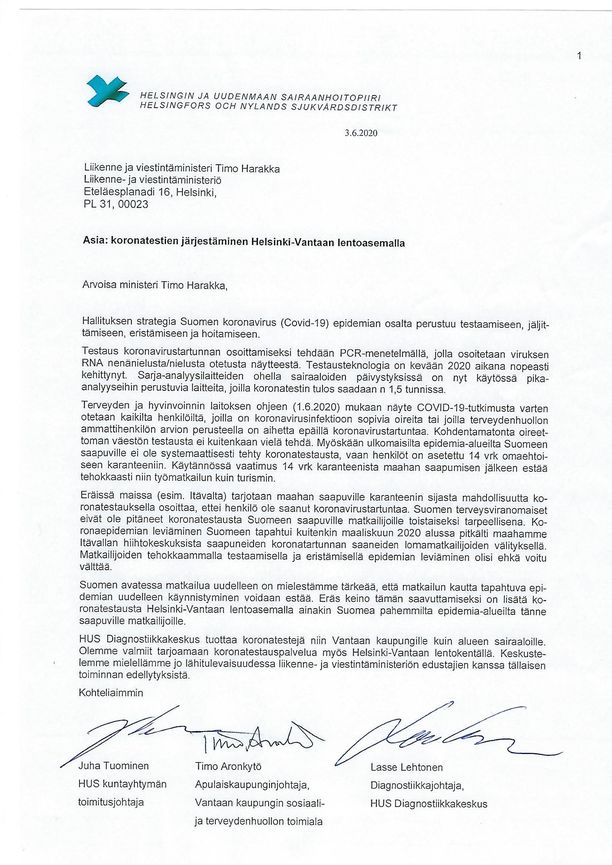 HUS:n ja Vantaan kaupungin kirje liikenneministeri Timo Harakalle (sd).