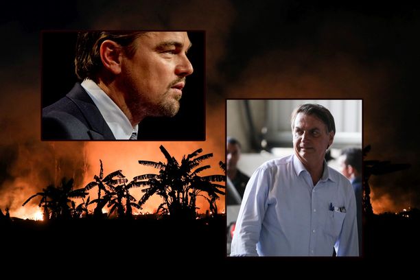 Näyttelijä Leonardo DiCaprio (vas.) on joutunut Brasilian presidentti Jair Bolsonaron (oik.) syytteiden kohteeksi. Taustalla metsäpalo syyskuussa Porto Velhon kaupungin alueella. 