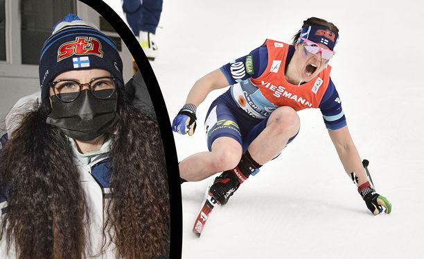 Krista Pärmäkoski keskiviikkona Suomen joukkueen hotellilla ja torstaina MM-viestin maalissa.