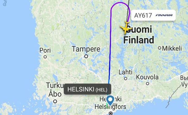Finnairin lento kääntyi Keski-Suomen yllä takaisin Vantaalle.
