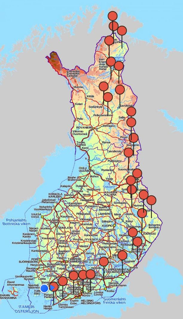 Tällainen oli Tero Mäkisen alkuperäinen reittisuunnitelma. Matkaan oli tarkoitus lähteä huhtikuun alussa. Koronan vuoksi osuus Hangosta Lappeenrantaan jäi pois, ja matkan alku siirtyi.