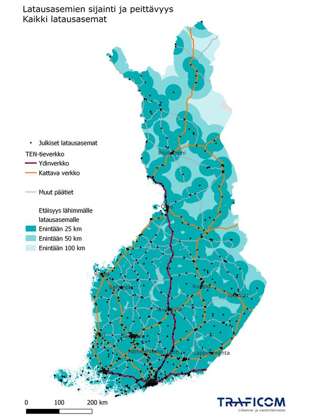 Kartta: sähköautojen latausasemat Suomessa