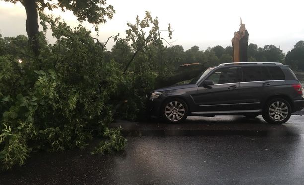 Kiira-myrsky aiheutti vahinkoa monella paikkakunnalla. Helsingin Pitkäsillanrannassa puu oli kaatunut auton päälle.