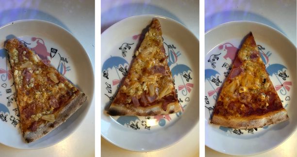 Kuvissa eri tavalla lämmitetyt pizzapalat eivät eroa merkittävästi toisistaan.