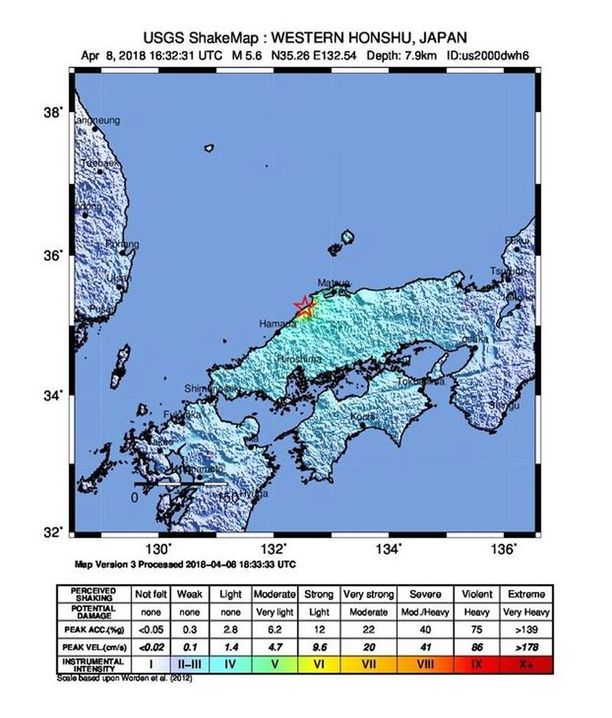 Yhdysvaltain geologinen tutkimuskeskus julkaisi kuvan, jossa maanjäristyksen keskus näkyy.