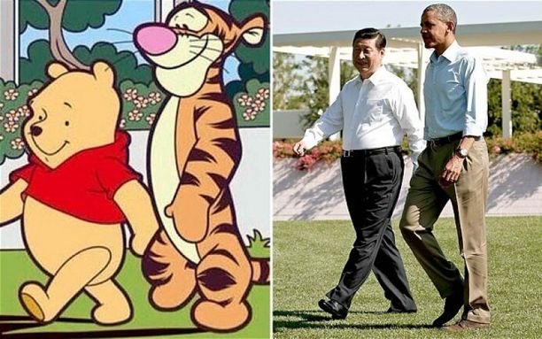 Kiinan presidentti Xi Jinping on kuvattu Nalle Puhina. Barack Obama esitettiin Tikruna.