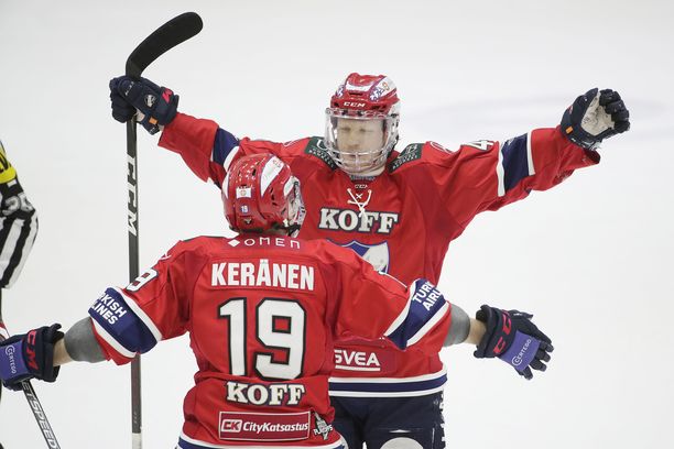 HIFK:n Micke-Max Åsten ja Juho Keränen juhlivat maalia.