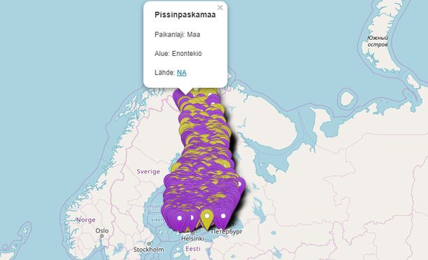 Kartalla korostettuna kaikki ne 2 944 Suomessa olevaa paikkaa, joissa esiintyy paska-sana. Yksi niistä on Enontekiöllä sijaitseva Pissinpaskamaa.