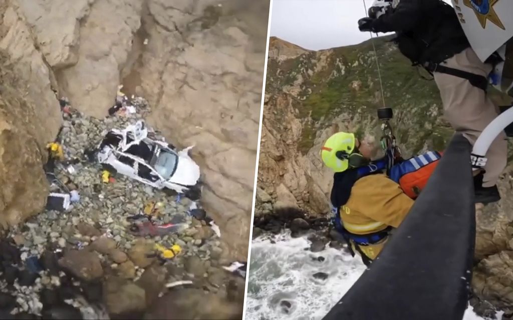 Teslakuski ajoi alas kalliolta Kaliforniassa – lapsiperheen pelastus­operaatiolla onnellinen loppu