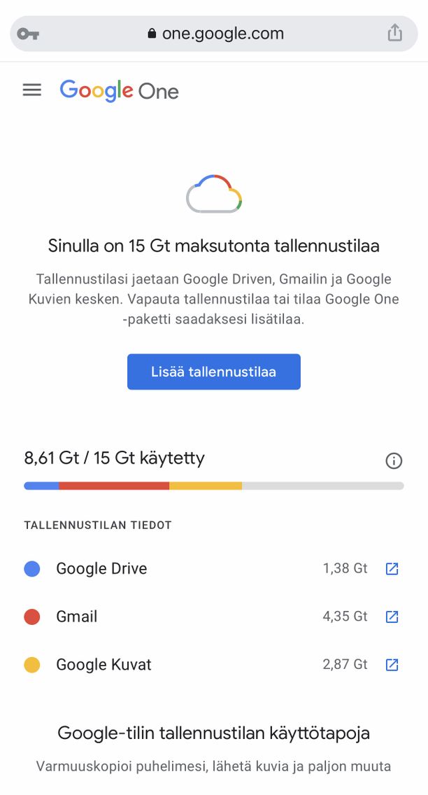 Google One tarjoaa tietoa tallennustilasta selkeästi.