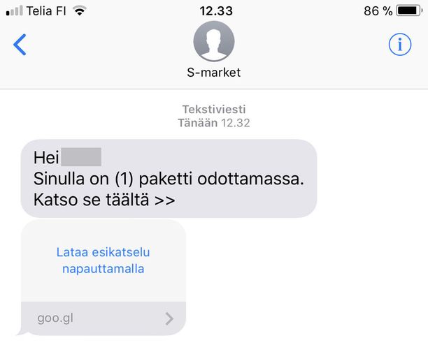 Iltalehden lukija sai oheisen tekstiviestin. Huijaustekstiviesti oli lähetetty S-marketin nimissä.
