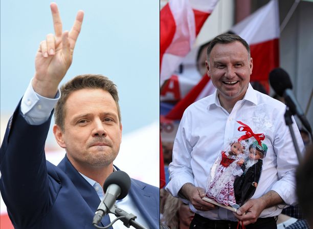Liberaalien Rafal Trzaskowski (vas.) haastaa istuvan presidentin Andrzej Dudan (oik.). 