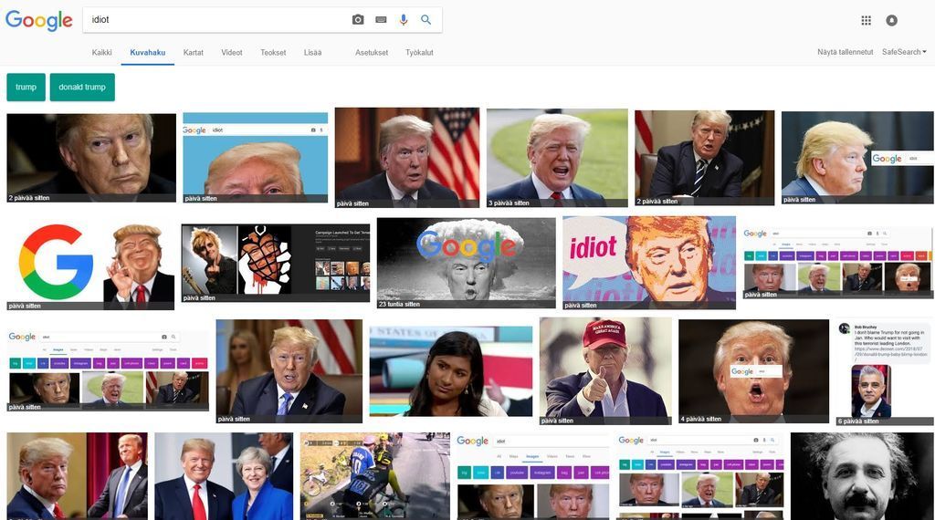 Laita Googlen kuvahakuun sana ”idiot”, saat tulokseksi Donald Trumpin kuvia - Trump-vihaajat ovat manipuloineet hakua
