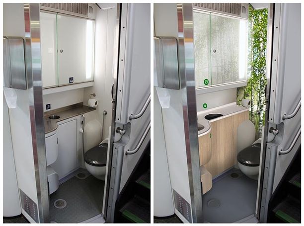 Ennen ja jälkeen. VR uusii asiakkaiden kolkoksi kokemia WC-tiloja metsäisellä tuoksulla ja verhoilulla.