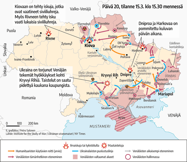 Ukrainan sota, päivä 20: Venäjä uhkaa iskulla asetehtaisiin