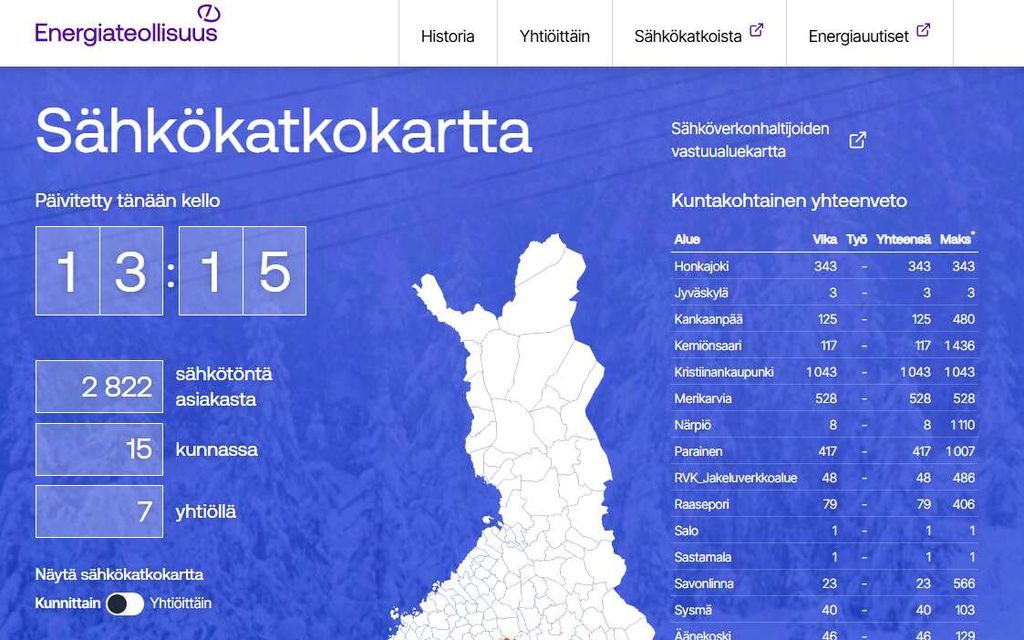 Tuhannet suomalaiset ilman sähköä – Täällä tilanne on pahin