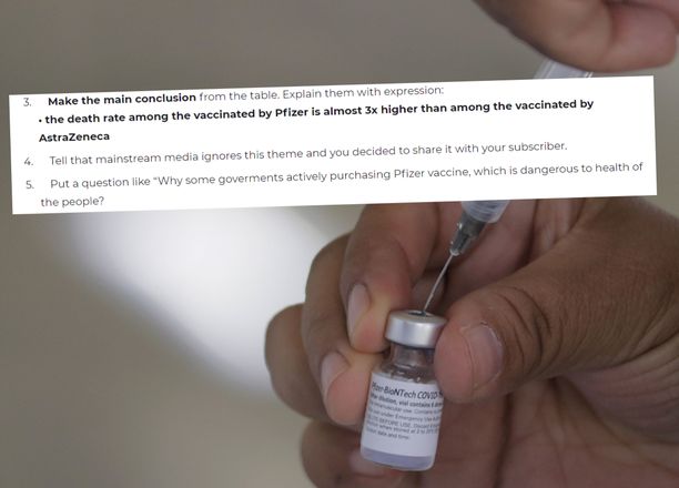 Tuntematon toimija yritti saada vaikuttajat kysymään, miksi ”valtamedia vaikenee” Pfizerin rokotteen kuolinluvuista ja miksi valtiot ostavat rokotetta, joka on ”vaarallinen terveydelle”. 