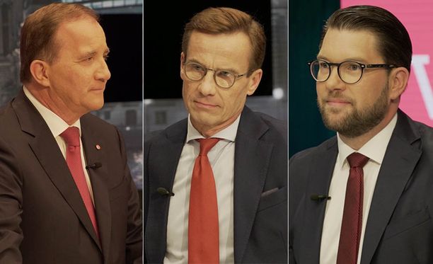 Sosiaalidemokraattien Stefan Löfven ilmoitti haluavansa jatkaa pääministerinä. Löfven kuvassa vasemmalla, keskellä maltillisen kokoomuksen Ulf Kristersson ja oikealla ruotsidemokraattien Jimmie Åkesson.
