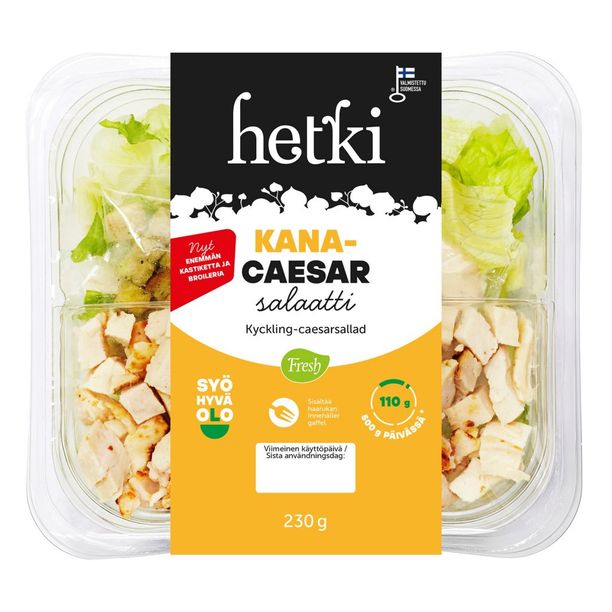 Myös Kana-caesarsalaatilla on Syö hyvä olo -merkki, sillä salaatti on runsasproteiininen ja hyvä pehmeän rasvan lähde.
