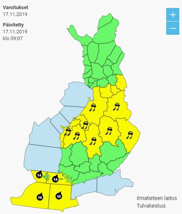 Salamoita ja lumipyryä maan keskiosissa