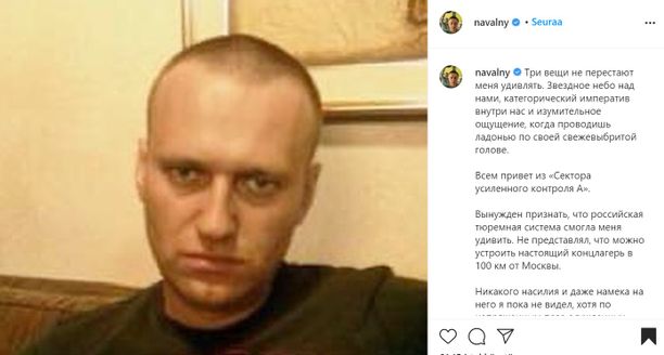 Instagram-kuvassa Navalnyin hiukset on ajettu pois lähes kokonaan.