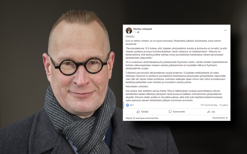 Rydman-uutisointia kritisoinut Markku Jokisipilä peruu sanansa: ”HS ei loukannut viestintä­salaisuutta”