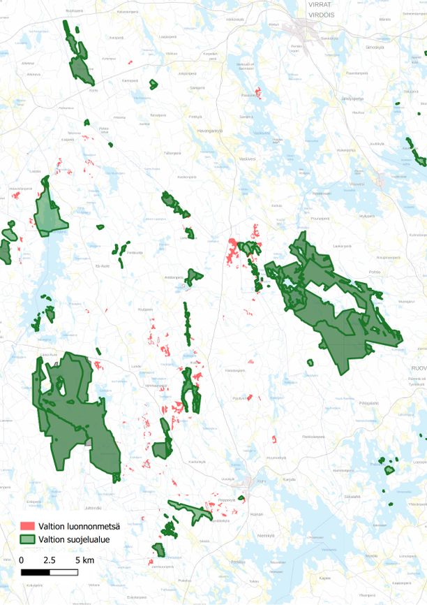 Helvetinjärven-Seitsemisen alueen suojellut metsät ja nyt löydetyt arvometsät.
