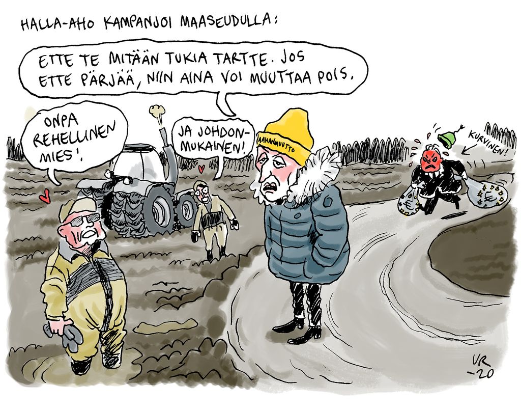 Ville Rannan pilapiirros: Perussuomalaisten ilosanoma leviää maaseudulle
