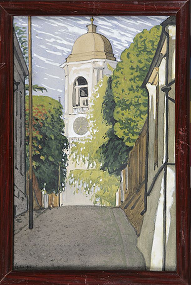 Viktor Svaetichin akvarelli vuodelta 190 esittää katunäkymää Viipurista. Ylöspäin kohoava Vesiportinkatu, jonka päässä on entisen tuomiokirkon kellotorni puiden lehvistöjen ympäröimänä.