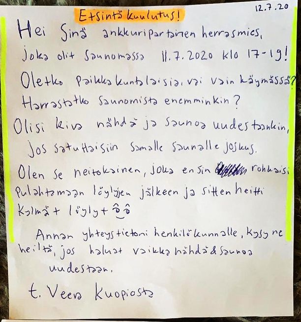 Veera tapasi uuden tuttavuuden saunassa ja toivoo nyt yhteydenottoa