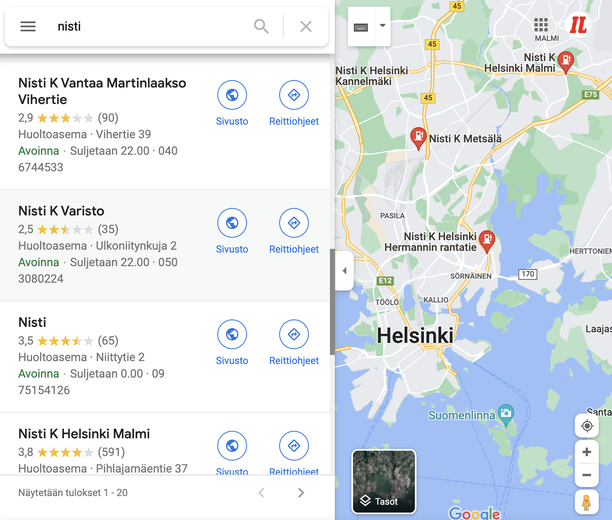 Neste muuttui Google Mapsissa Nistiksi