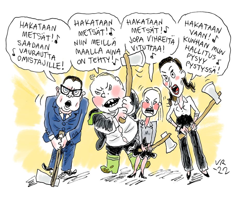 Ville Rannan pilapiirros: Metsälaulu, esittäjinä hallituksen ja ...