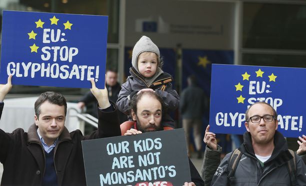 Ympäristöaktivistit kokoontuivat torstaina EU-komission rakennuksen eteen Brysselissä vaatimaan, että glyfosaatin käyttöä ei hyväksyttäisi.